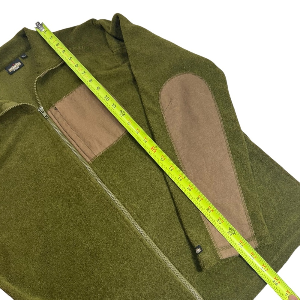 Kavu Green/Tan Men's Terry Fleece Jacket Zip Pocket Elbow Patches - Picture 9 of 10